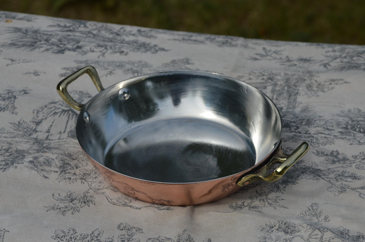 Vintage New Tin Gratin Pan French Copper Pan Vintage Copper Dish Round 16cm 6 1/4 inch Copper Pan Three Copper Rivets Bronze Handles