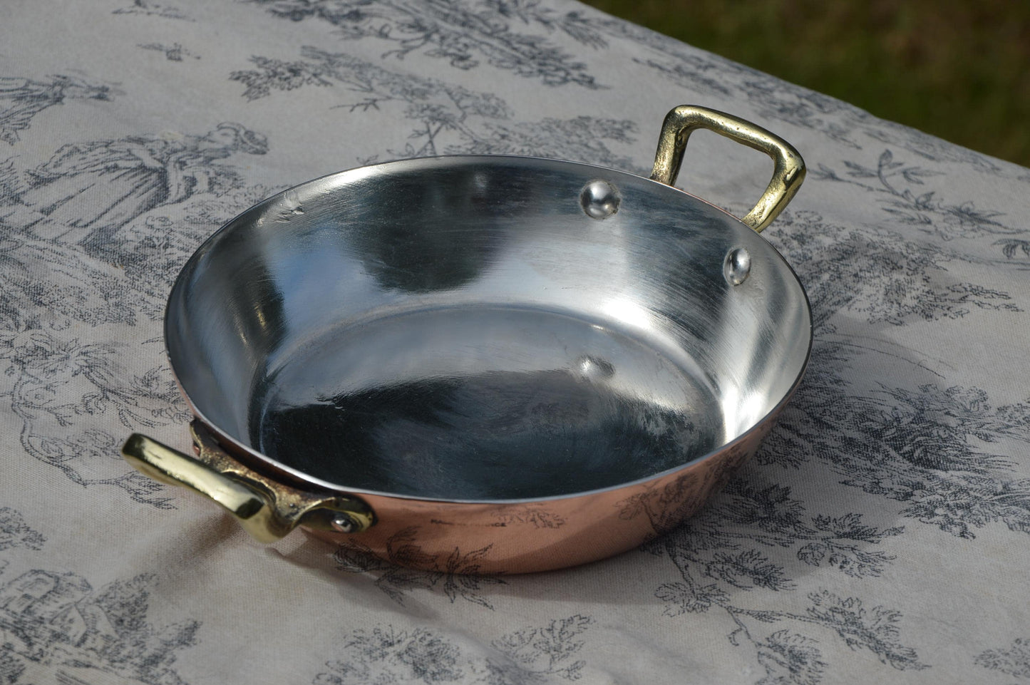 Vintage New Tin Gratin Pan French Copper Pan Vintage Copper Dish Round 16cm 6 1/4 inch Copper Pan Three Copper Rivets Bronze Handles