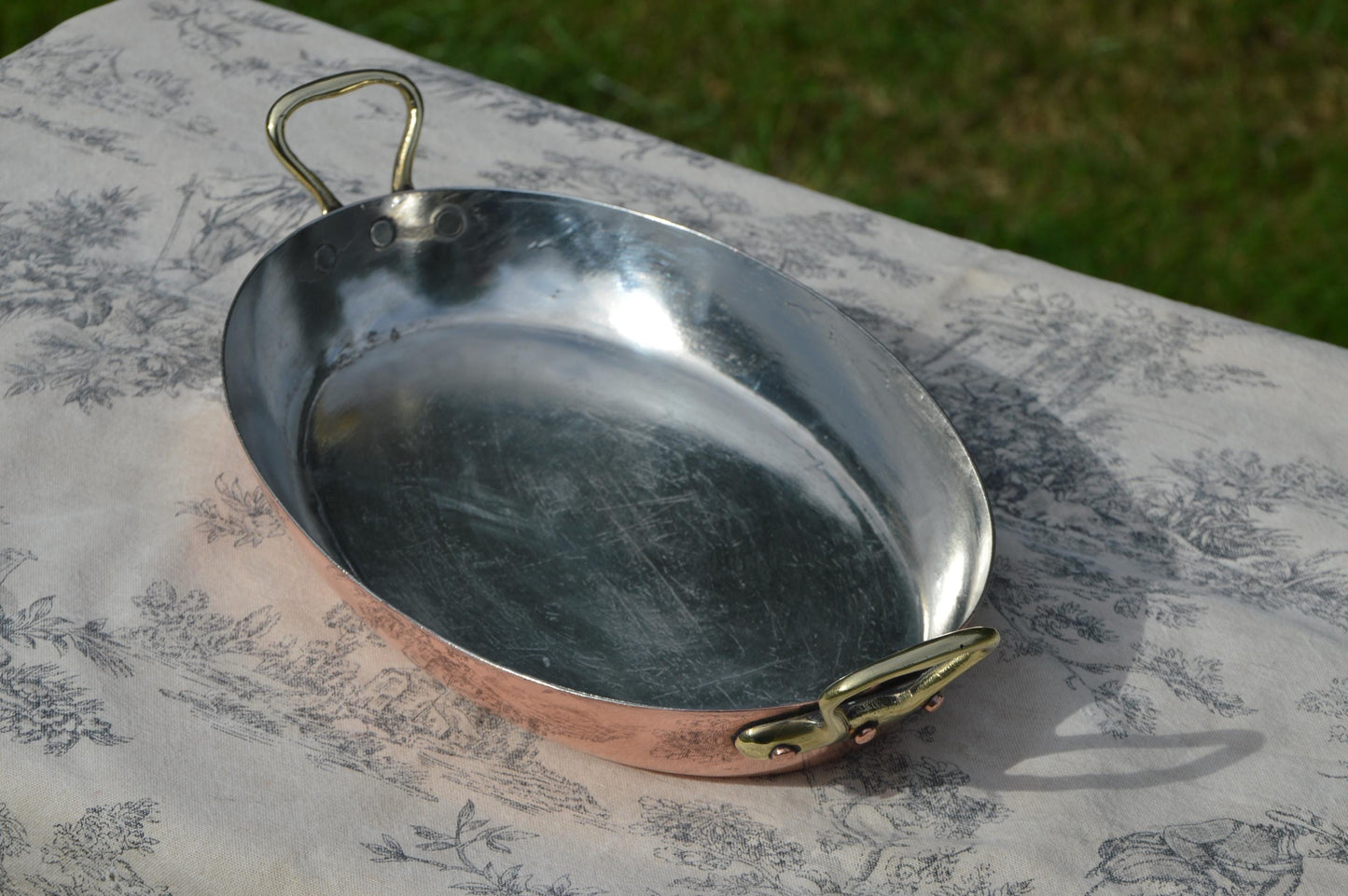 Antique Copper 26cm 10 1/4" Gratin Pan French Vintage Copper New Artisan Tin Roasting Dish Oval Oven Bronze Handles Stamped Made in France